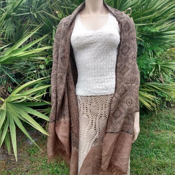 NWOT HALSTON RED 100%Wool XL Earth Tones Paisley Boho Scarf/Wrap - Picture 7 of 12